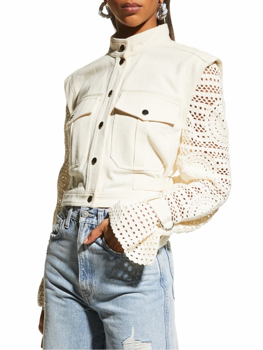 Veronica Beard Aylin Crochet Sleeve Jacket Ivory Cream